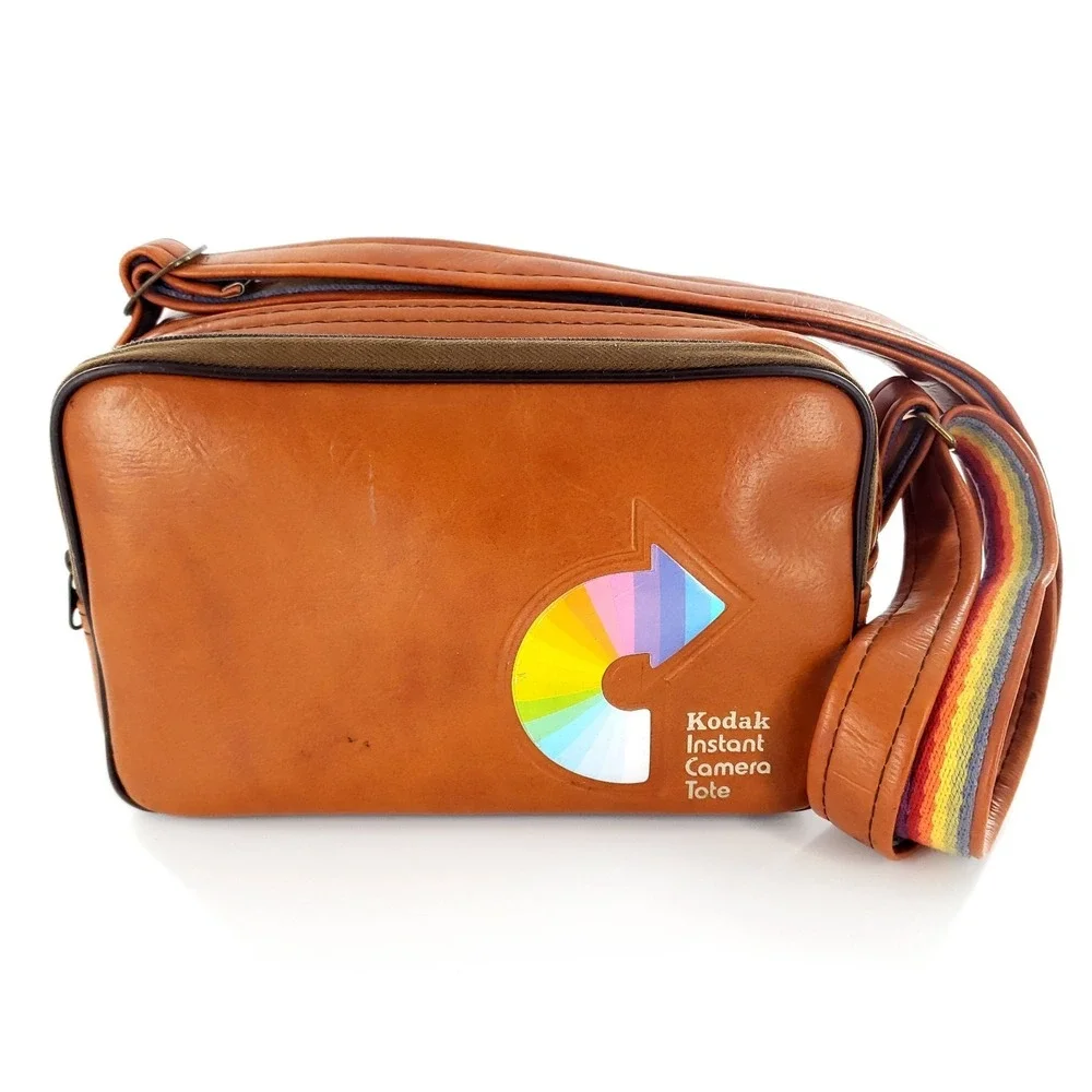 Vintage Kodak Instant Camera Tote Carrying Case Bag w/ Rainbow Strap Print Pouch